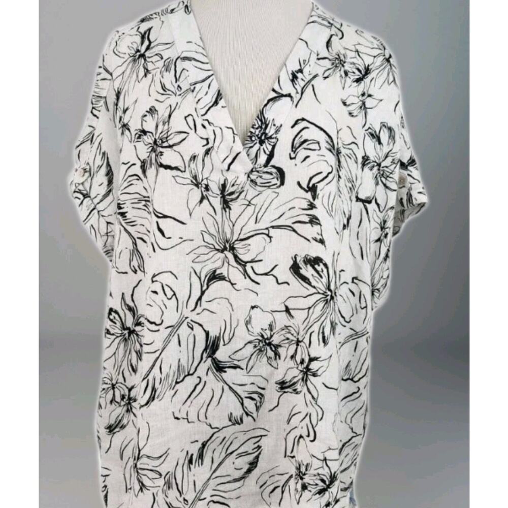 JOIE 100% Linen Women's Top Short Sleeve Floral Print Shirt 1X V-Neck Tropical